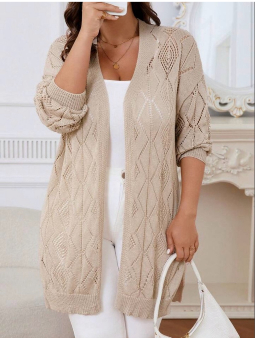 NEW Casual Lightweight Long Sleeve Hollow Out Knit Cardigan Duster L